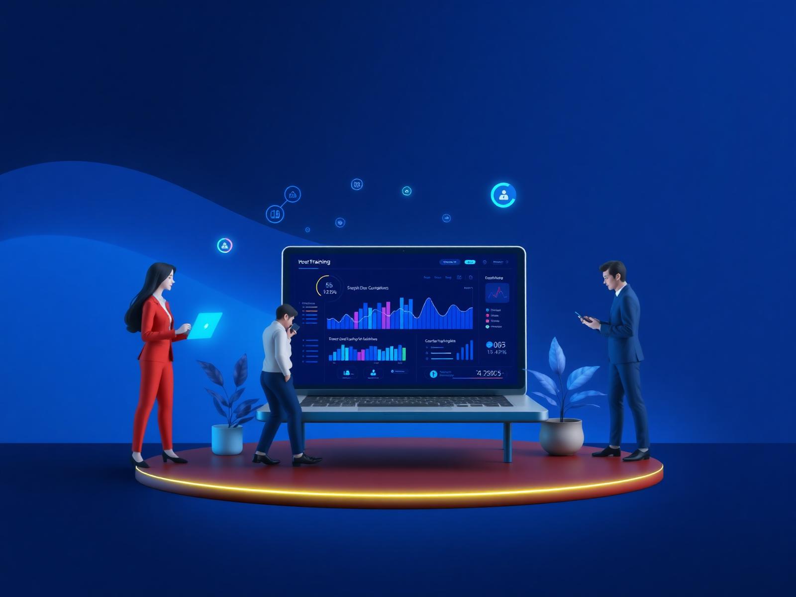 Professionals collaborating around analytics dashboard